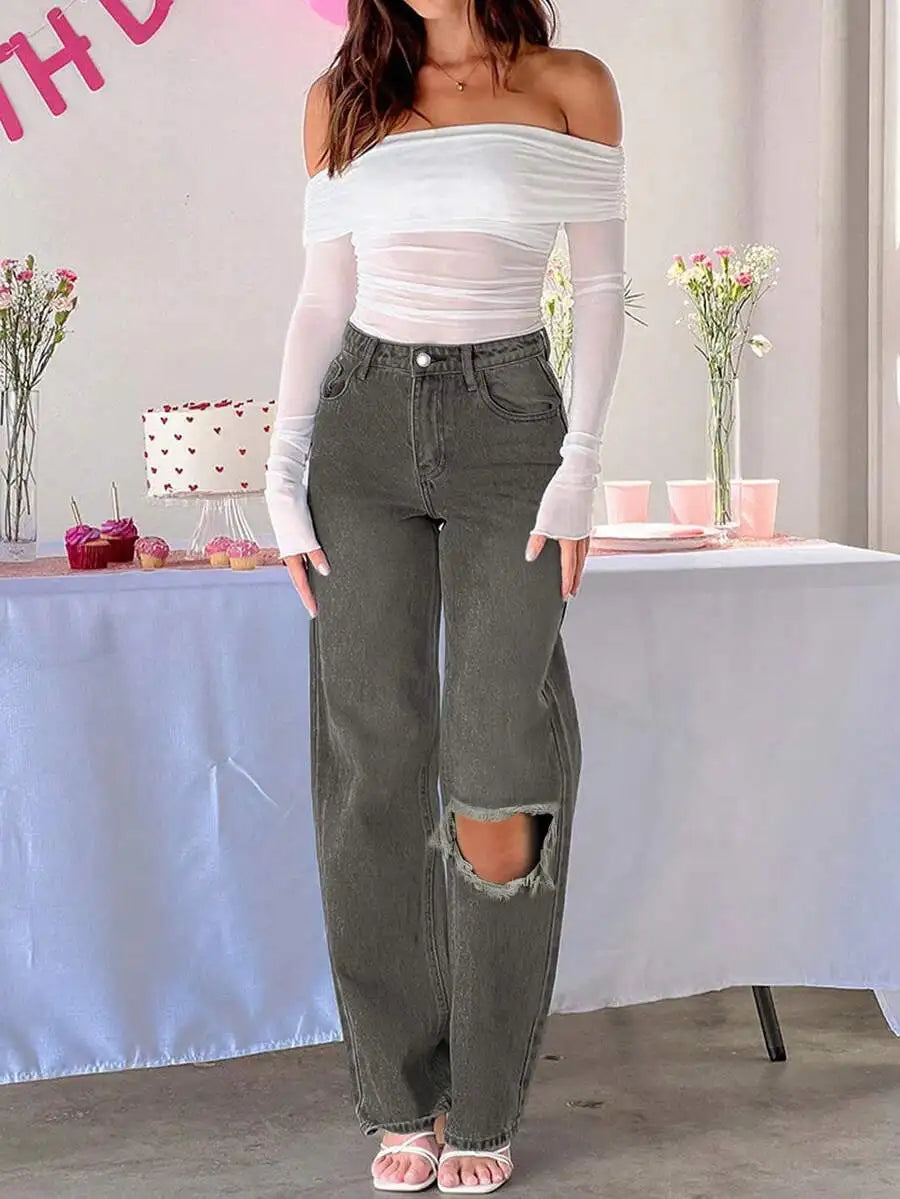 Women Y2K Ripped Straight Leg Jeans