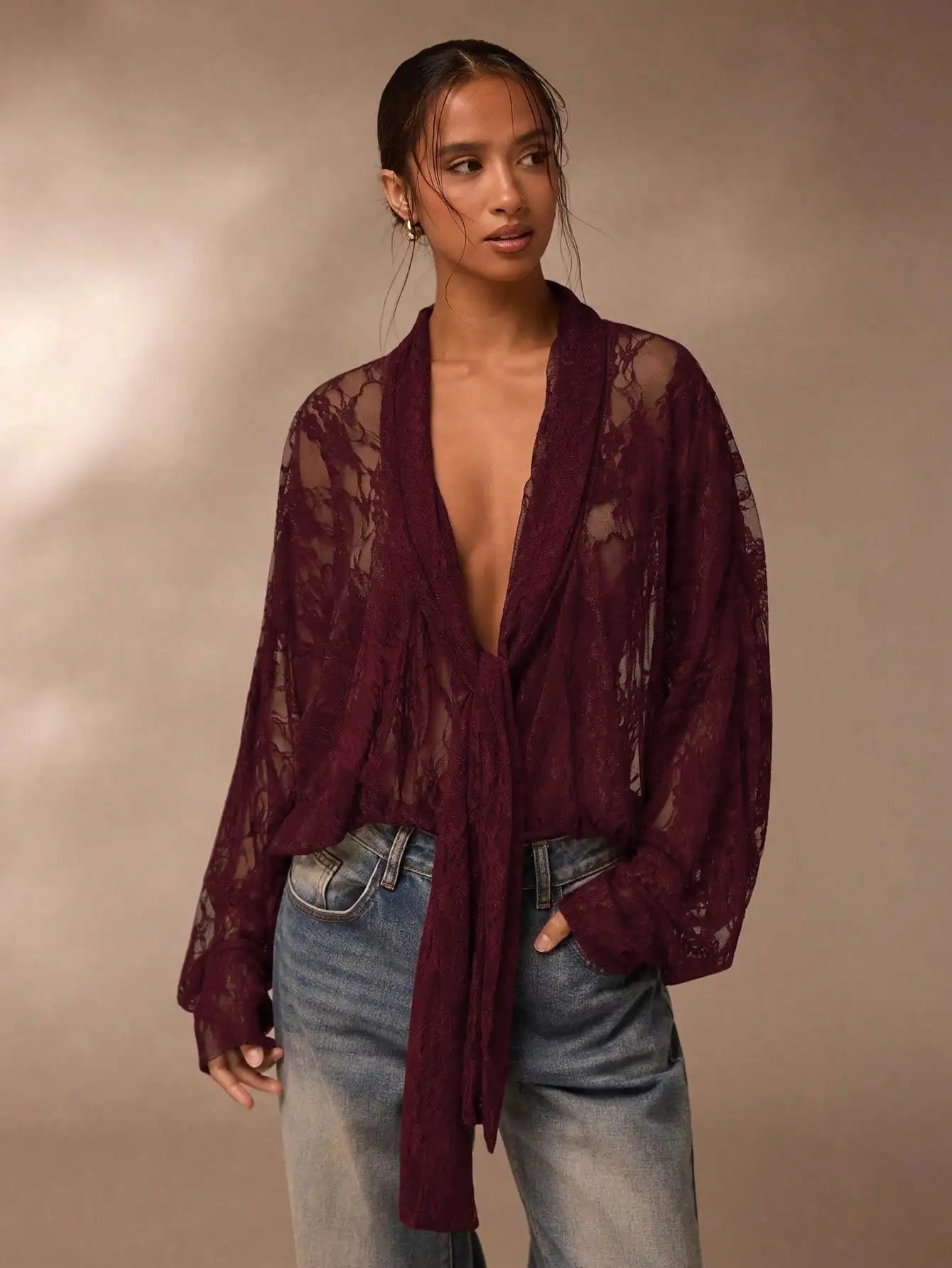 Women Brown V Neck Casual Top