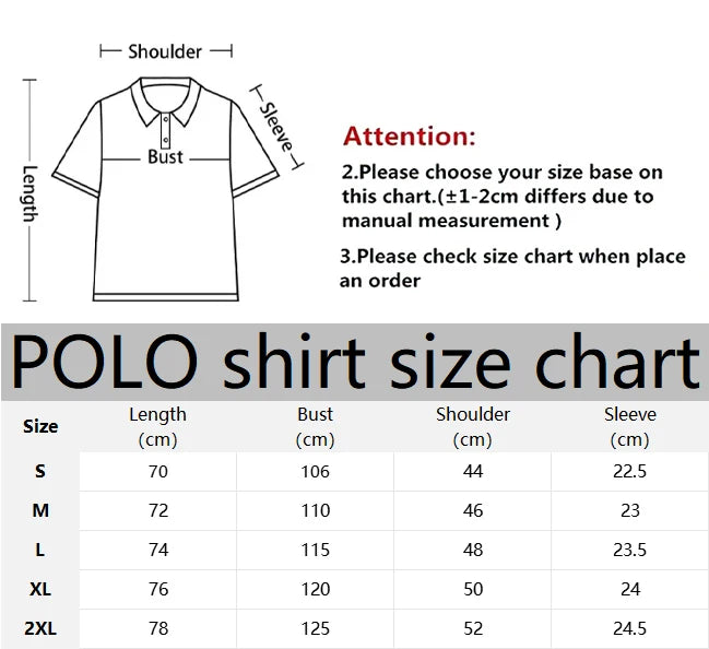 Size guide for Men's 3D Letter Print Polo Shirt
