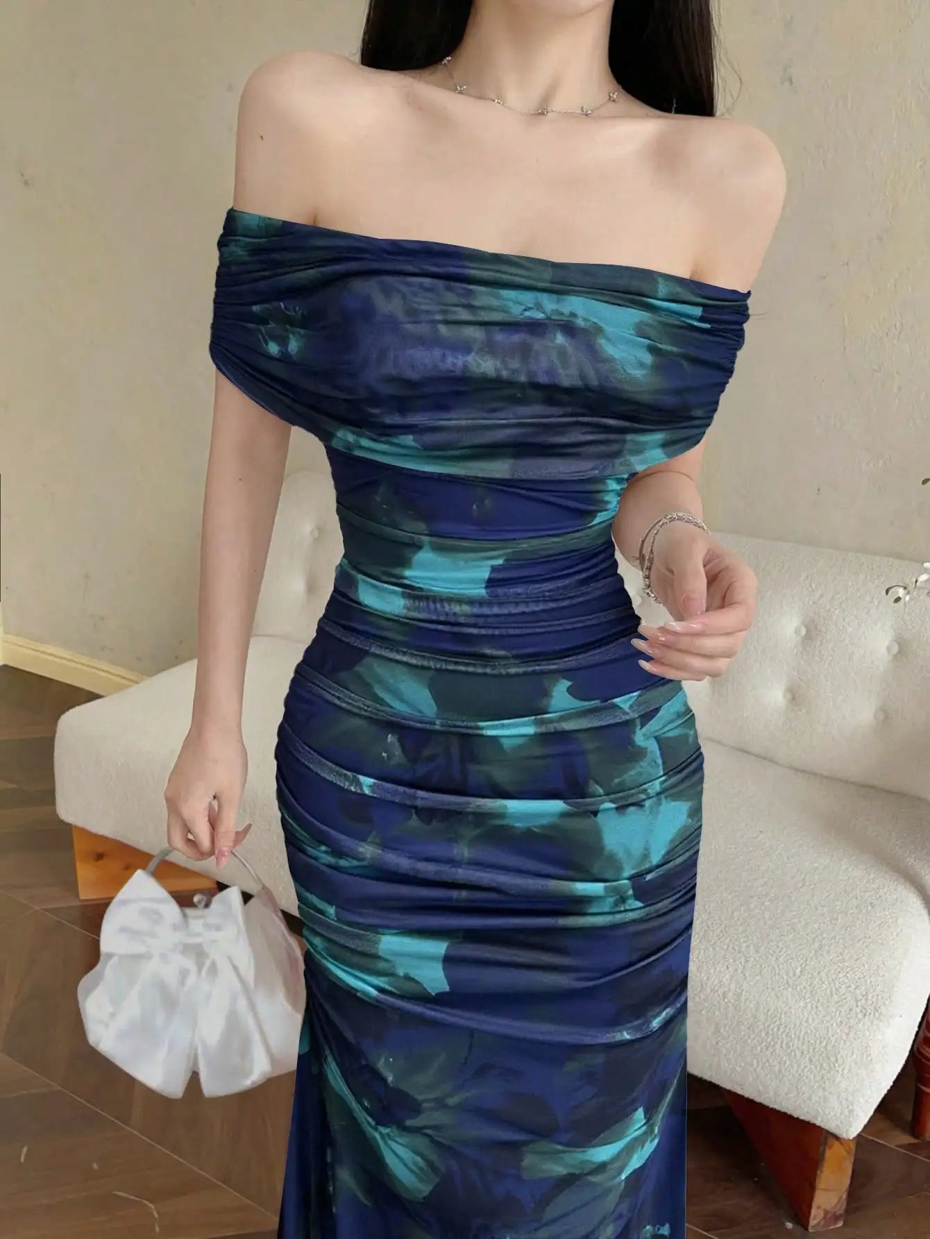 Off Shoulder Ruched Waist Maxi Dress