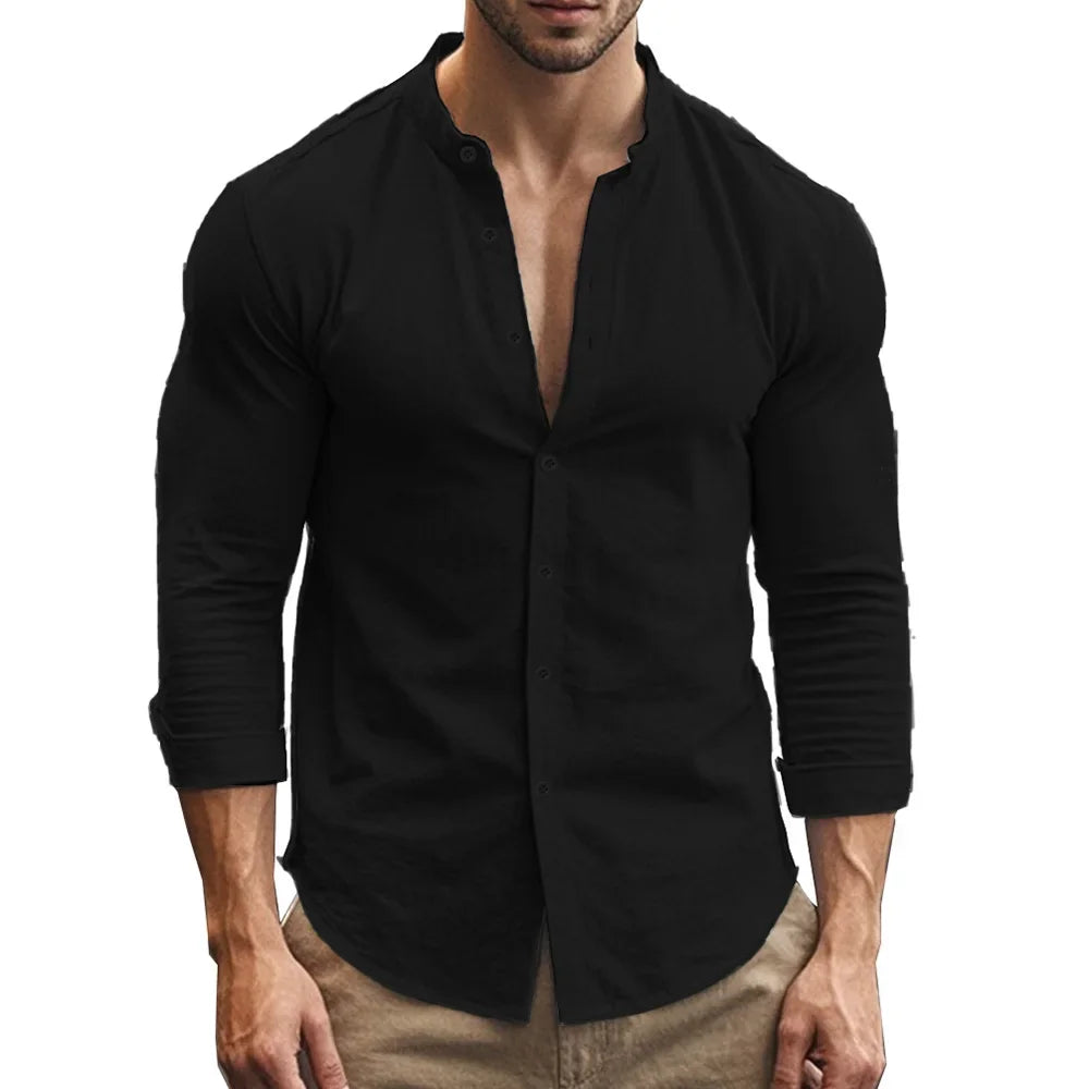 Men's Cotton Linen Slim Fit Henry Shirt