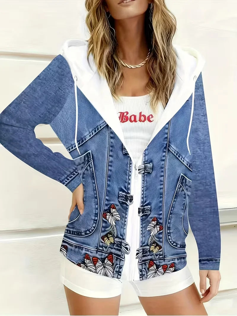 Plus Size Women’s Butterfly Print Hooded Jacket