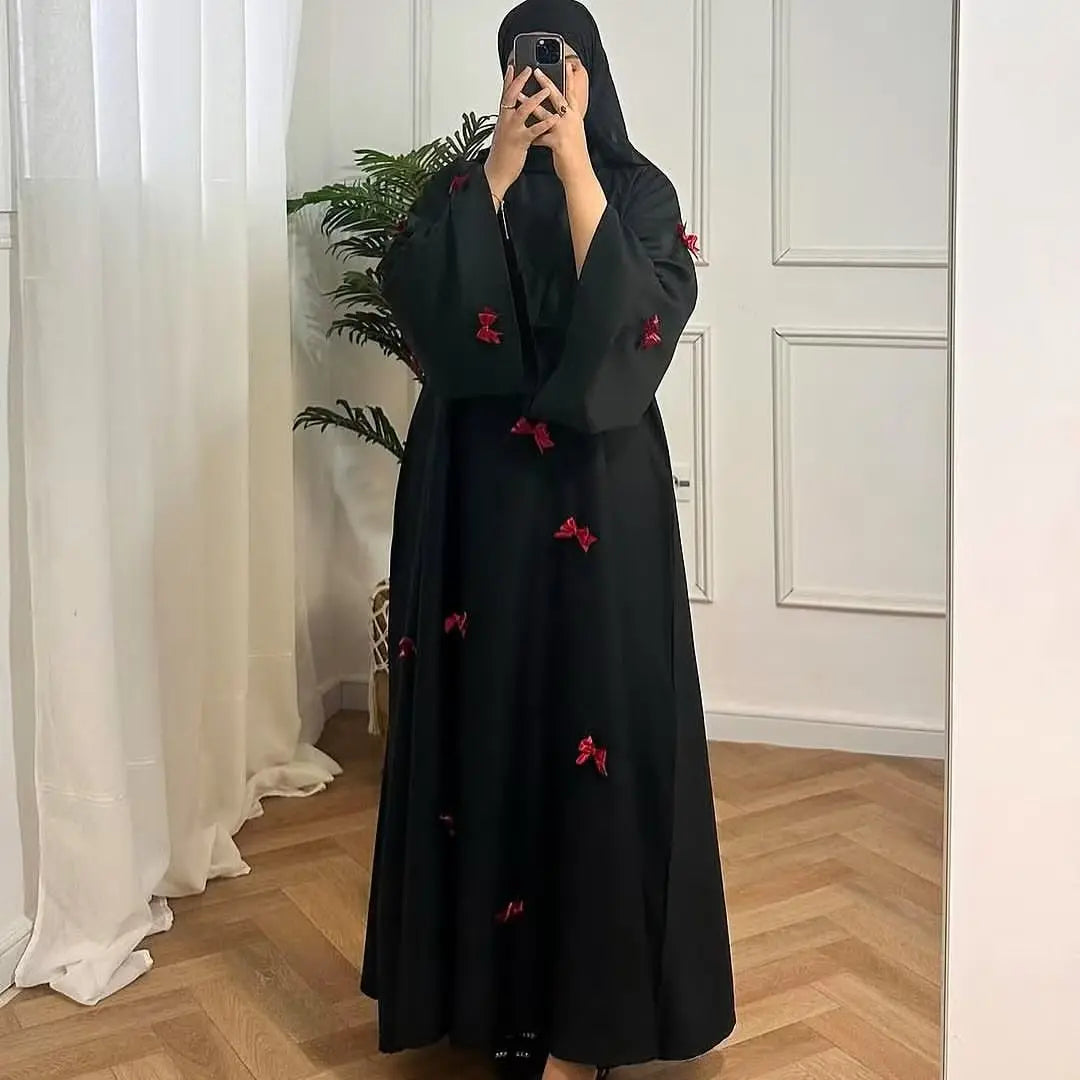 Women Bow Abaya Long Dress Ramadan Kaftan Moroccan Robe