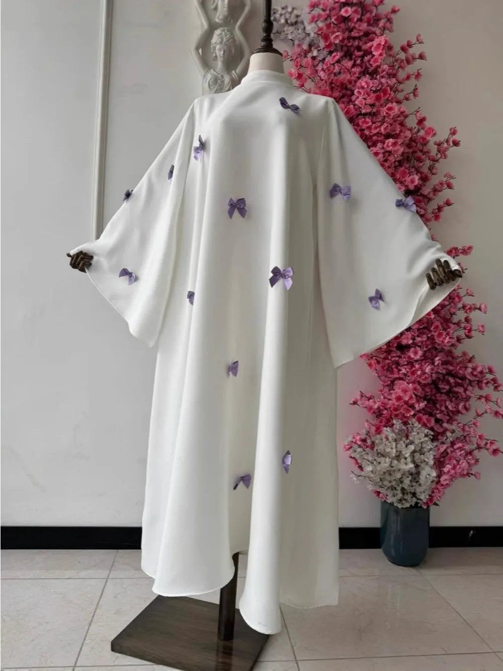 Women Bow Abaya Long Dress Ramadan Kaftan Moroccan Robe