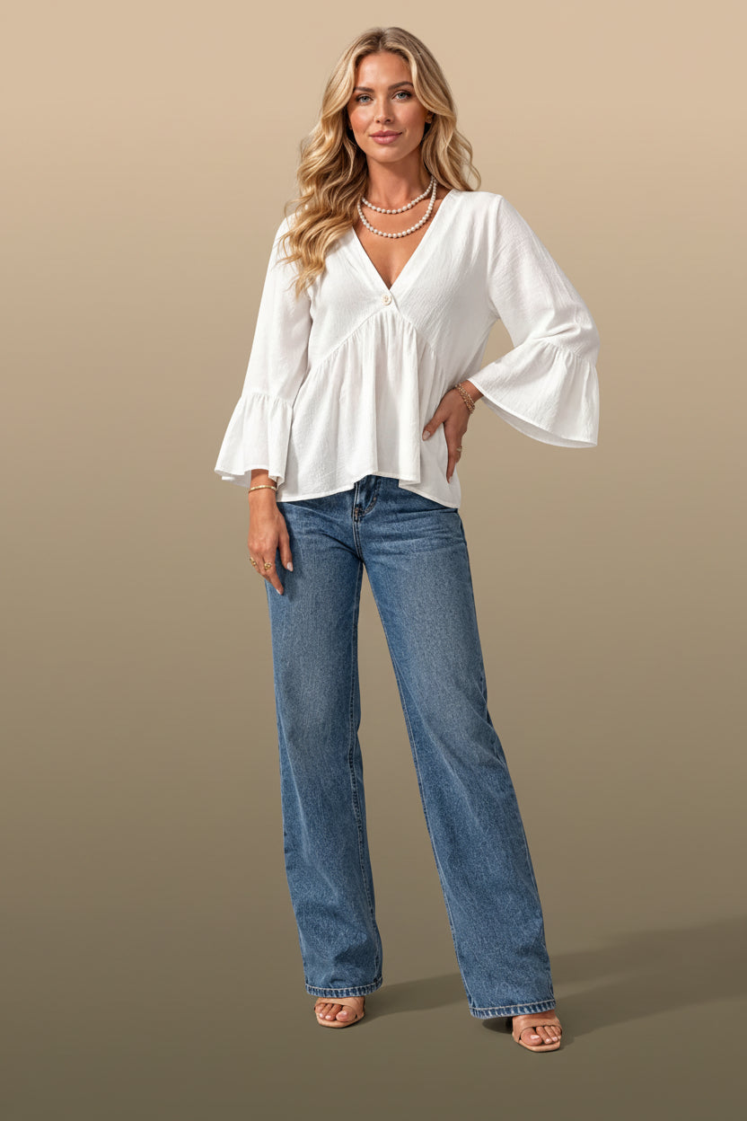 Women’s V-Neck Bell Sleeve Loose Fit Blouse