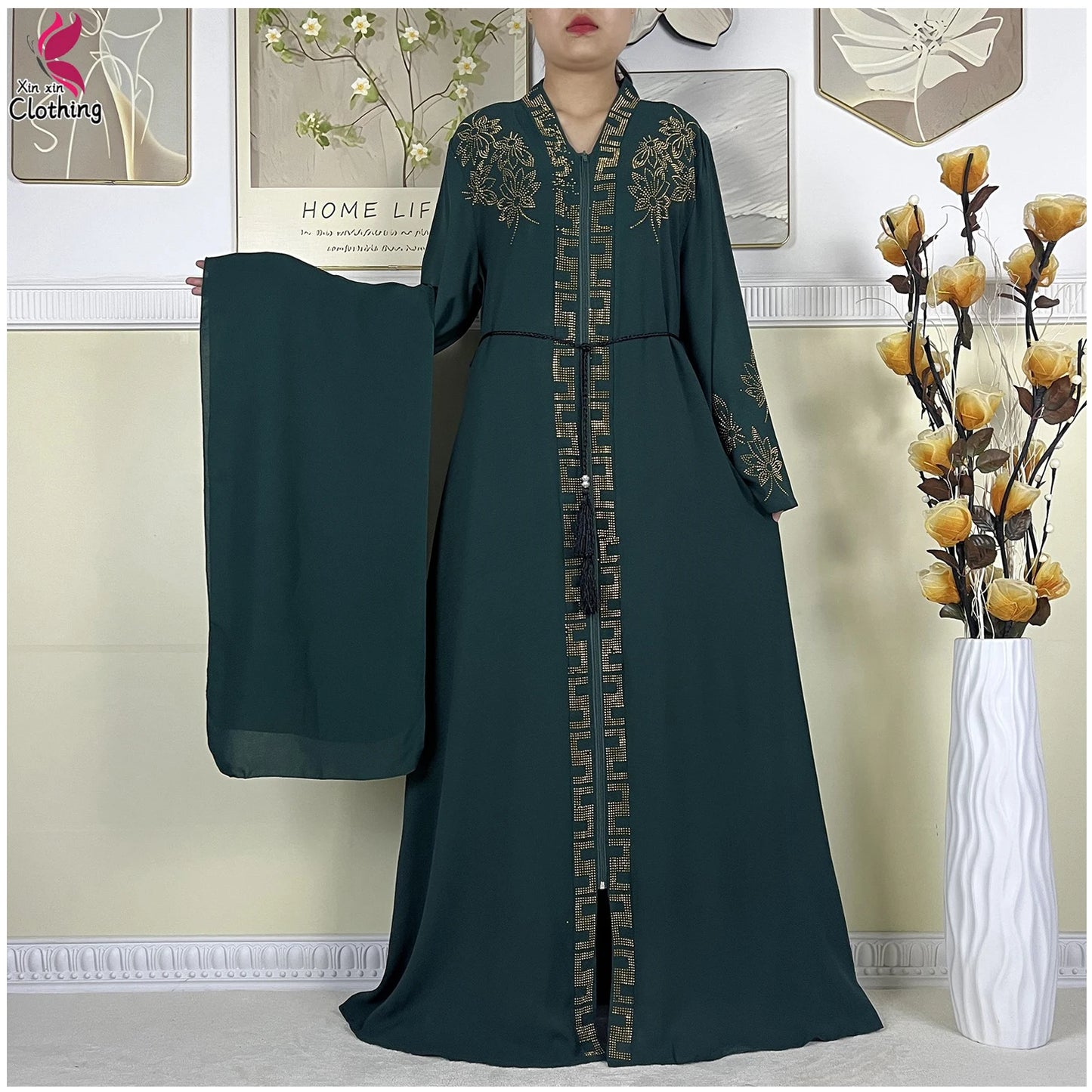 Elegant Women’s Long Sleeve Abaya with Turban