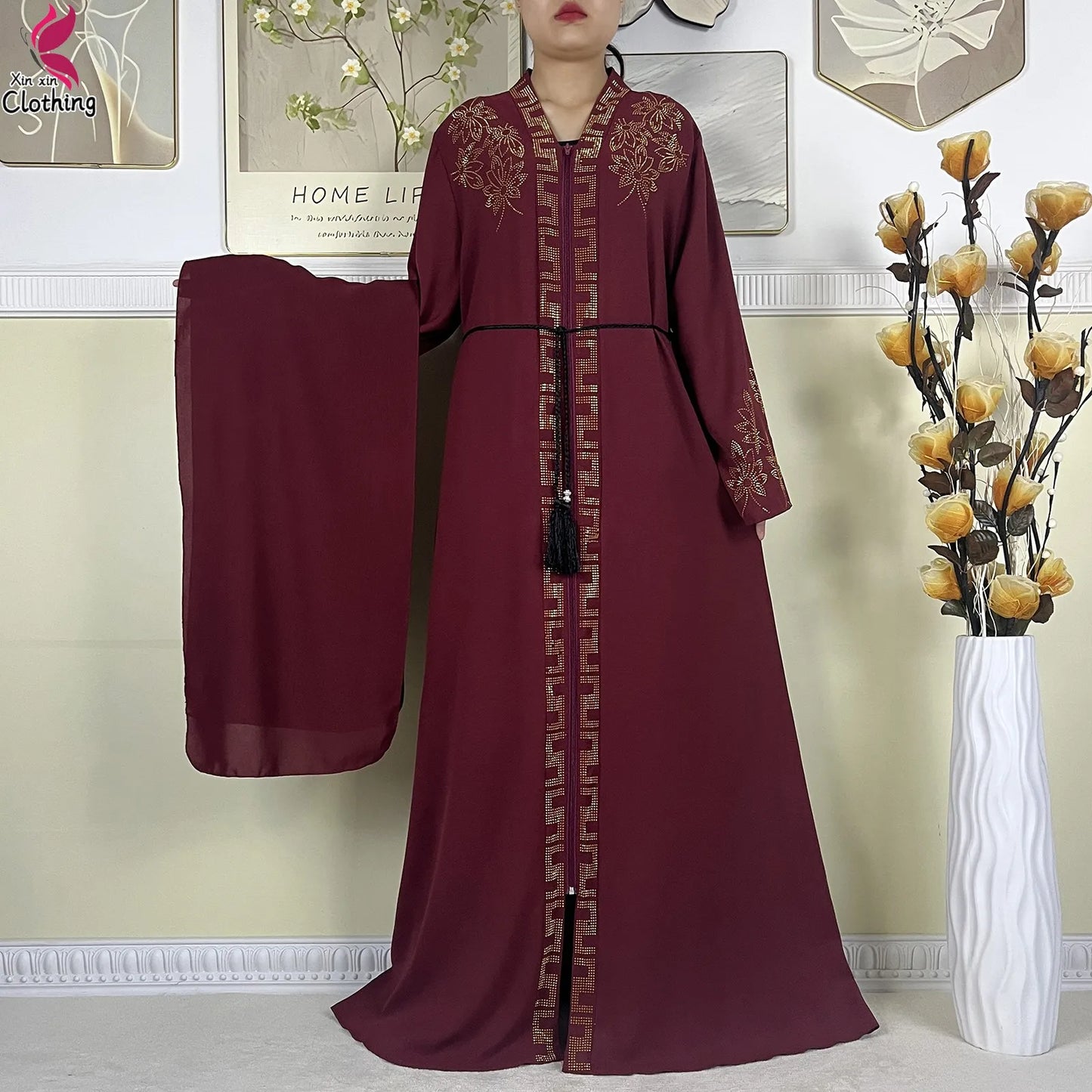 Elegant Women’s Long Sleeve Abaya with Turban