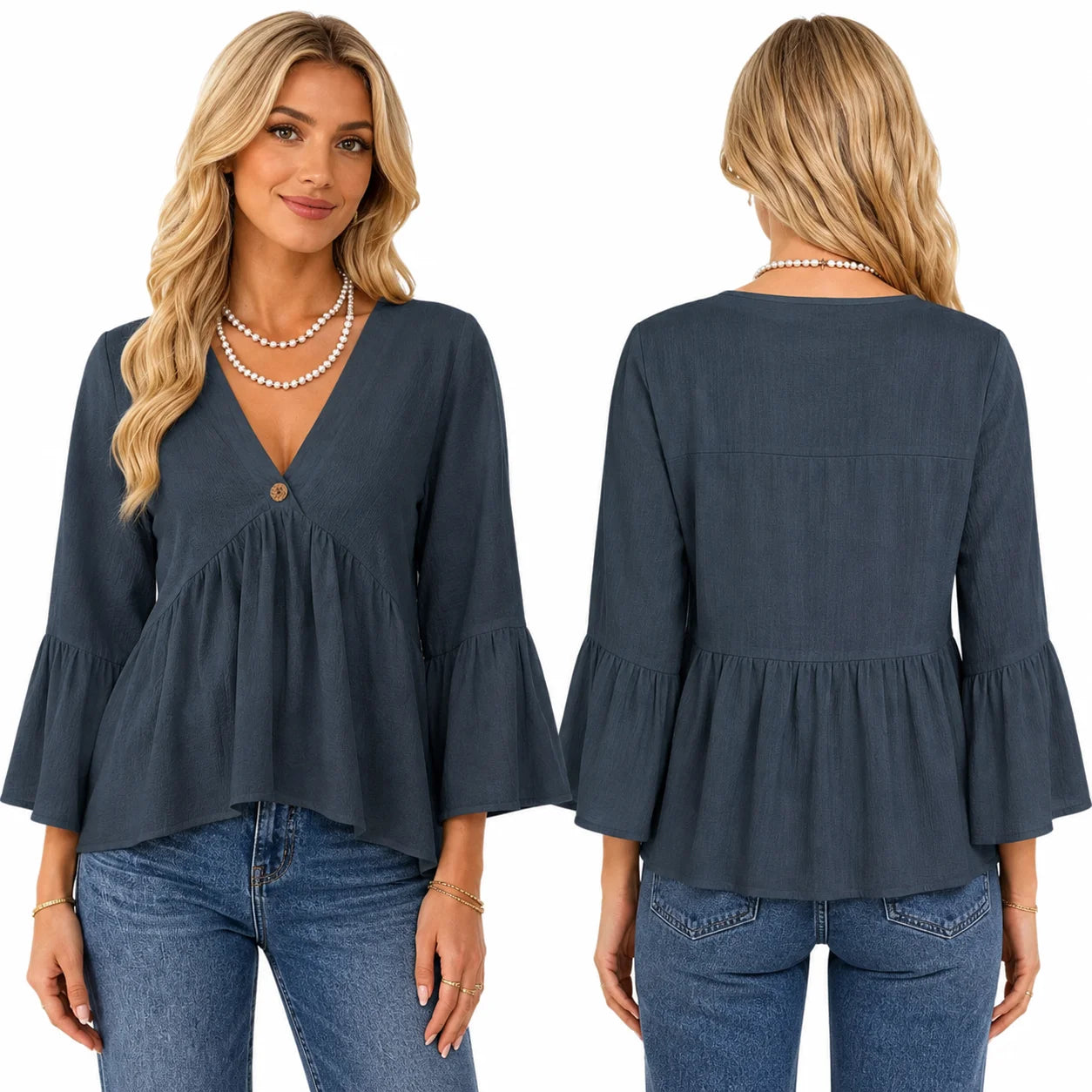 Women’s V-Neck Bell Sleeve Loose Fit Blouse