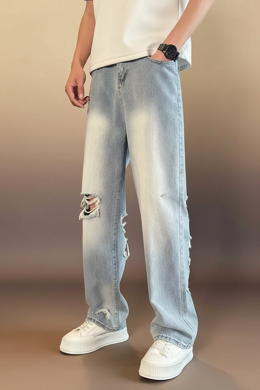 Men's ripped wide leg jeans