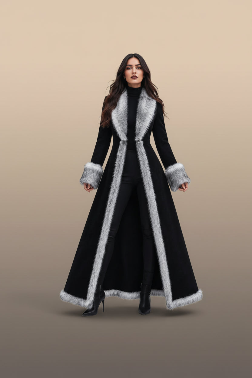Women’s Black Faux Fur Trim Maxi Coat