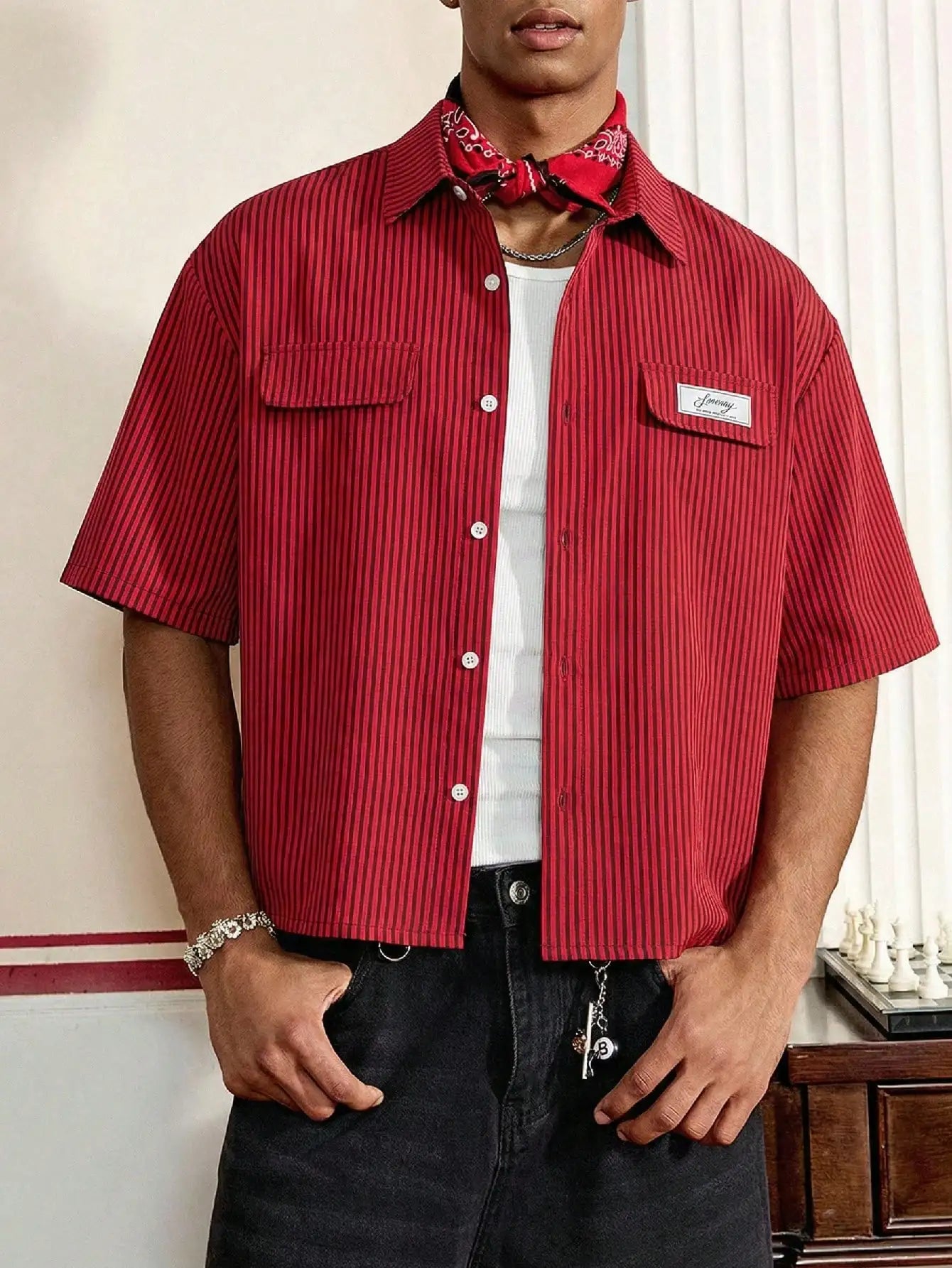 Men's Red Striped Cropped Button Up Shirt