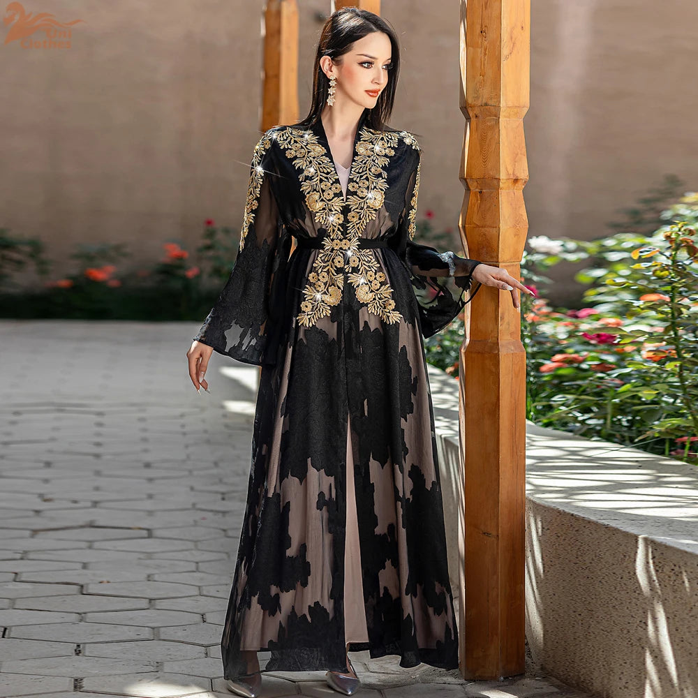 Fashion Lace Embroidered 2-Piece Abaya Kaftan for Women Ramadan Dubai Caftan