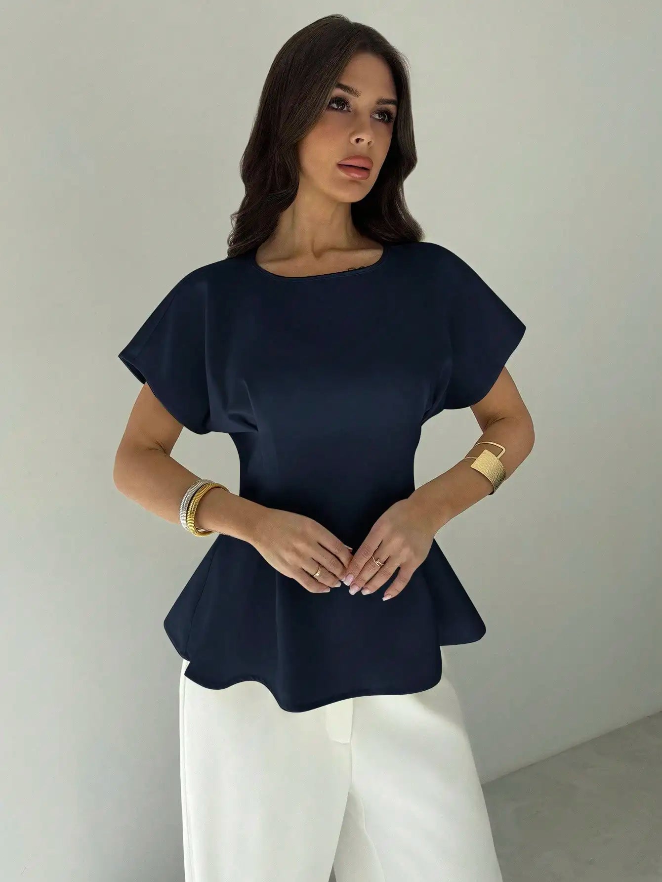 Women Minimalist Black Peplum Blouse