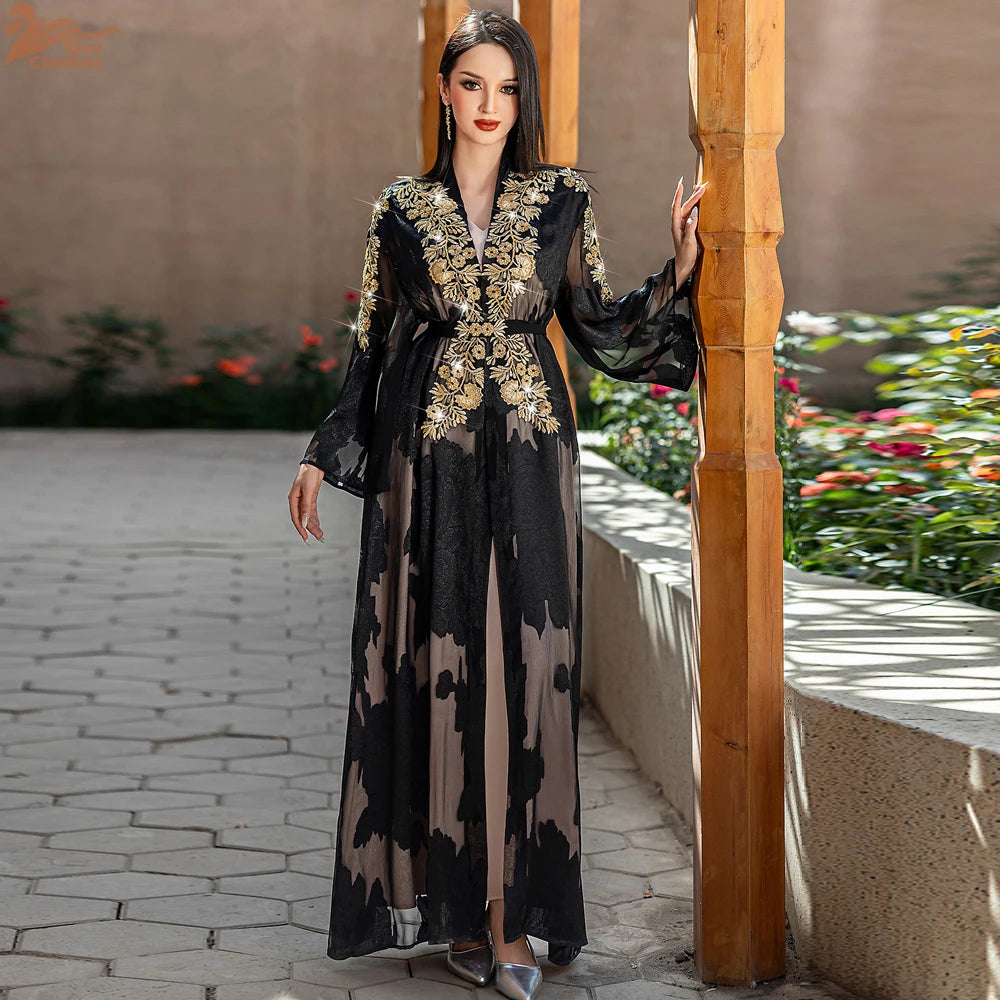 Fashion Lace Embroidered 2-Piece Abaya Kaftan for Women Ramadan Dubai Caftan