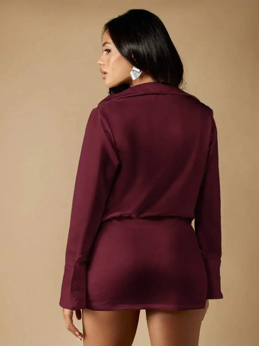 Women Deep V Neck Cowl Mini Shirt Dress