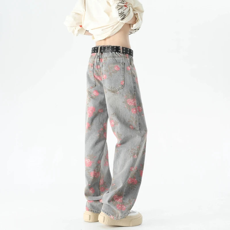 Autumn Flower Print Baggy Jeans