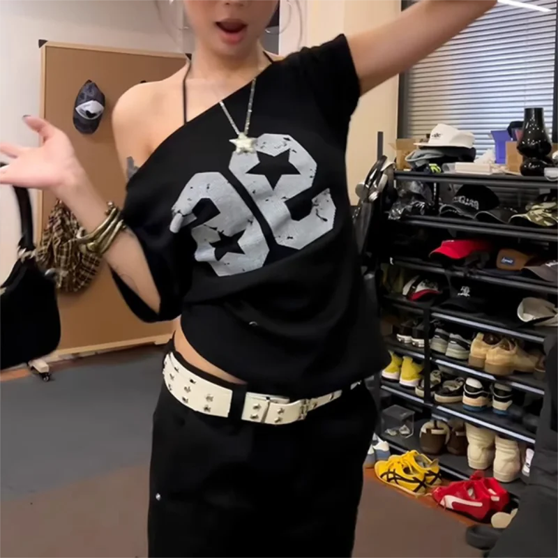 Off-Shoulder Y2K Print T-Shirt