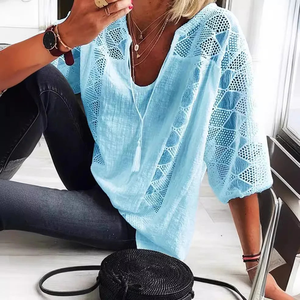 Women’s V-Neck Lace Loose Fit Shirt