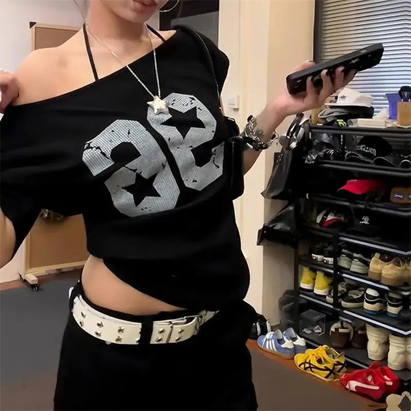 Off-Shoulder Y2K Print T-Shirt