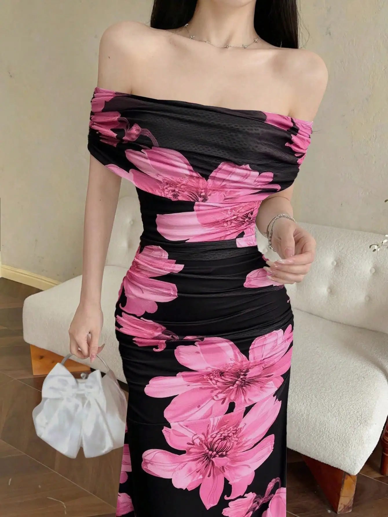 Off Shoulder Ruched Waist Maxi Dress