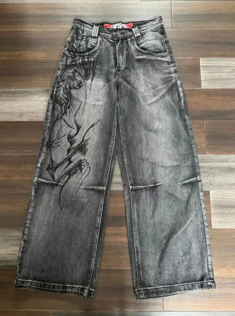 Vintage Washed Wide Leg Graphic Jeans