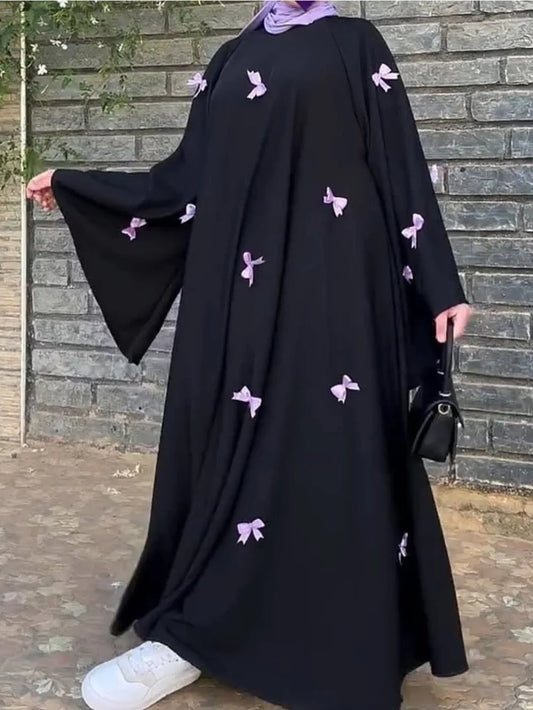 Women Bow Abaya Long Dress Ramadan Kaftan Moroccan Robe