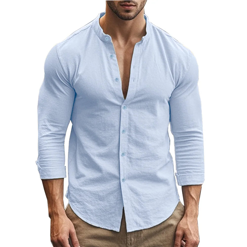 Men's Cotton Linen Slim Fit Henry Shirt