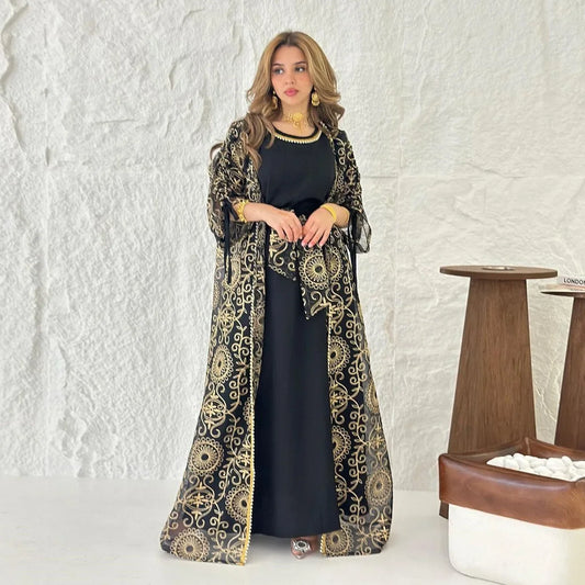 Women's Embroidery Mesh Abaya 2-Piece Set