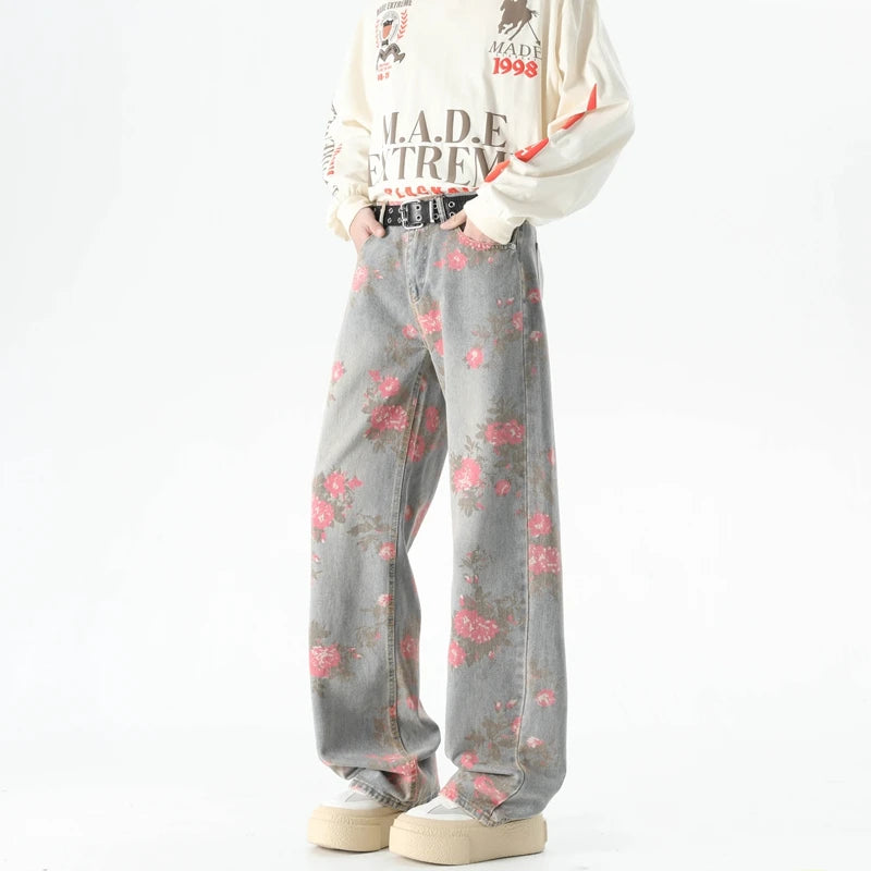 Autumn Flower Print Baggy Jeans