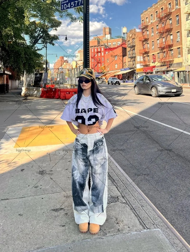 Retro Print High Waist White Jeans