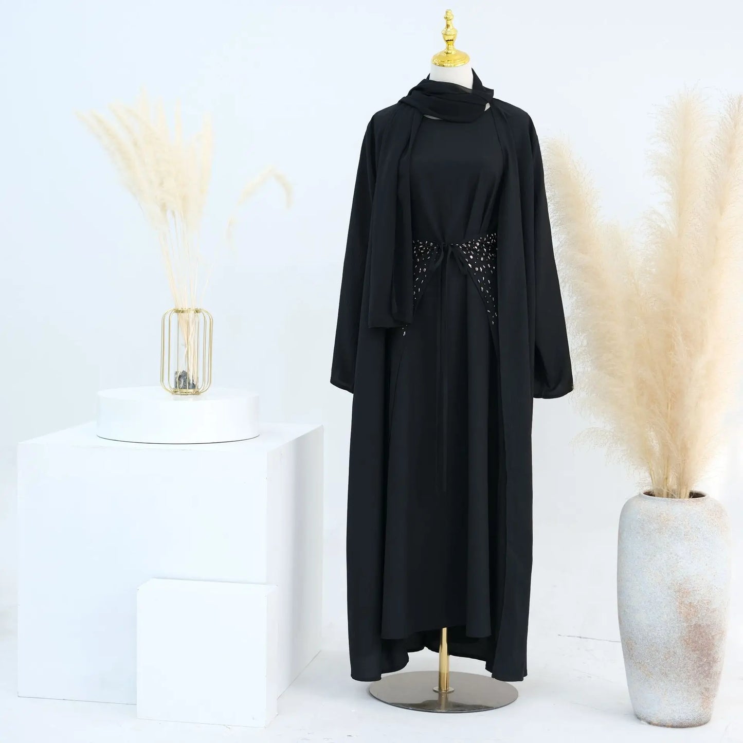 3-Piece Women’s Black Abaya Set with Hijab Modest Kaftan Robe