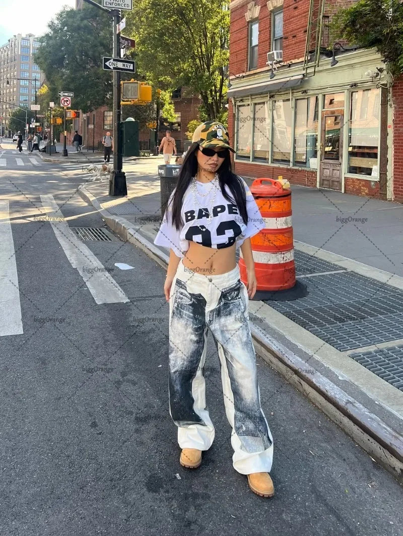 Retro Print High Waist White Jeans