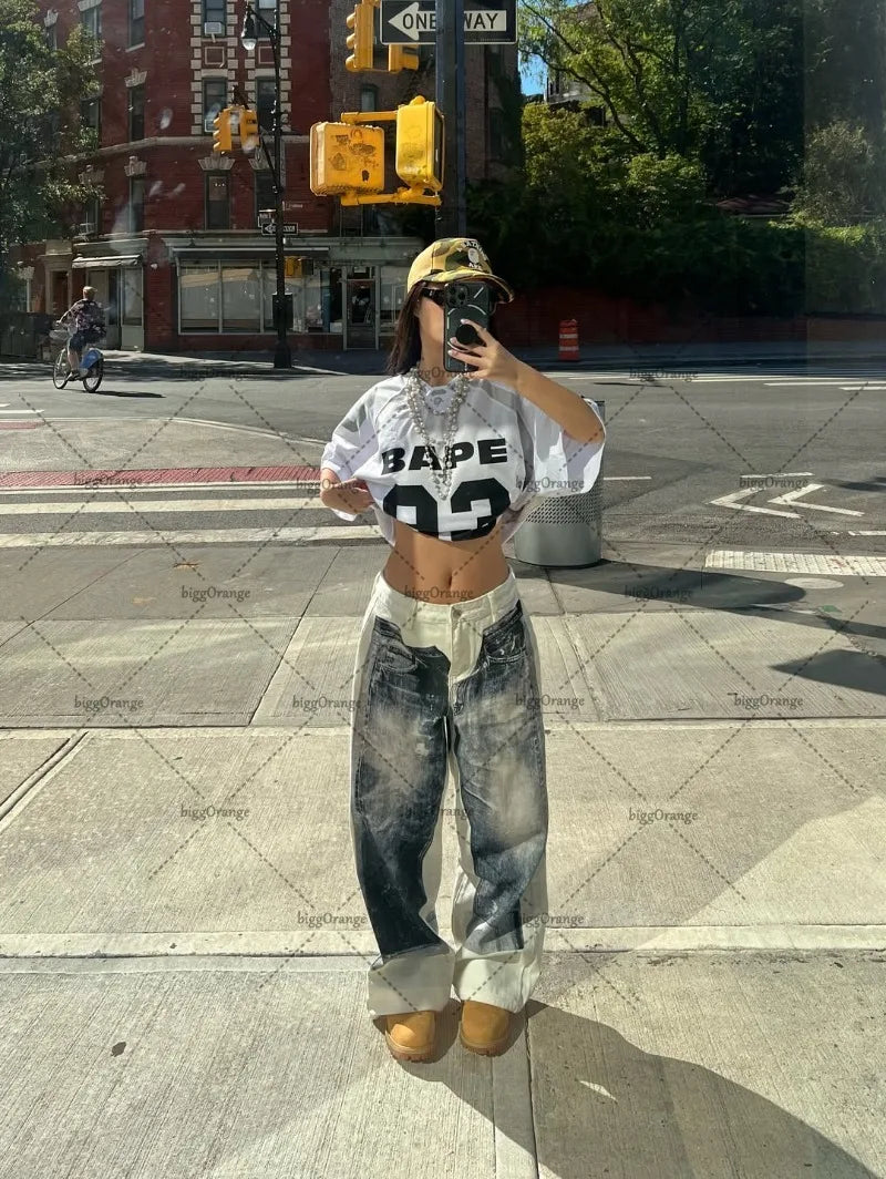 Retro Print High Waist White Jeans