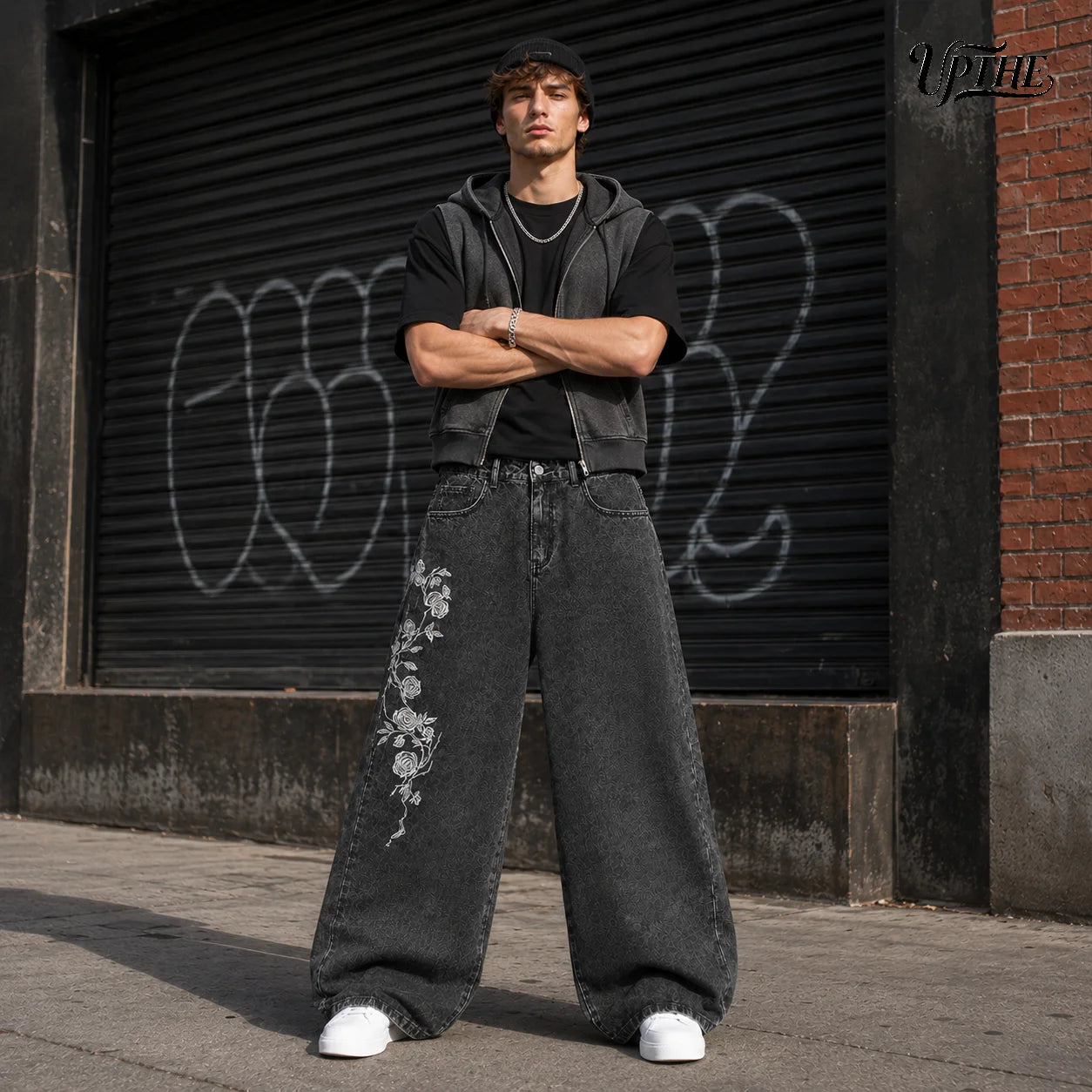 Men’s Y2K Rose Embroidery Wide Leg Jeans