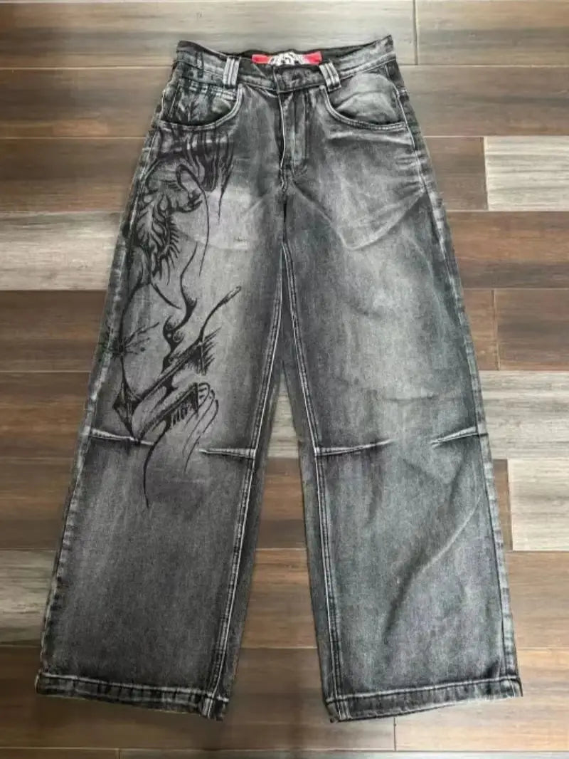 Vintage Washed Wide Leg Graphic Jeans