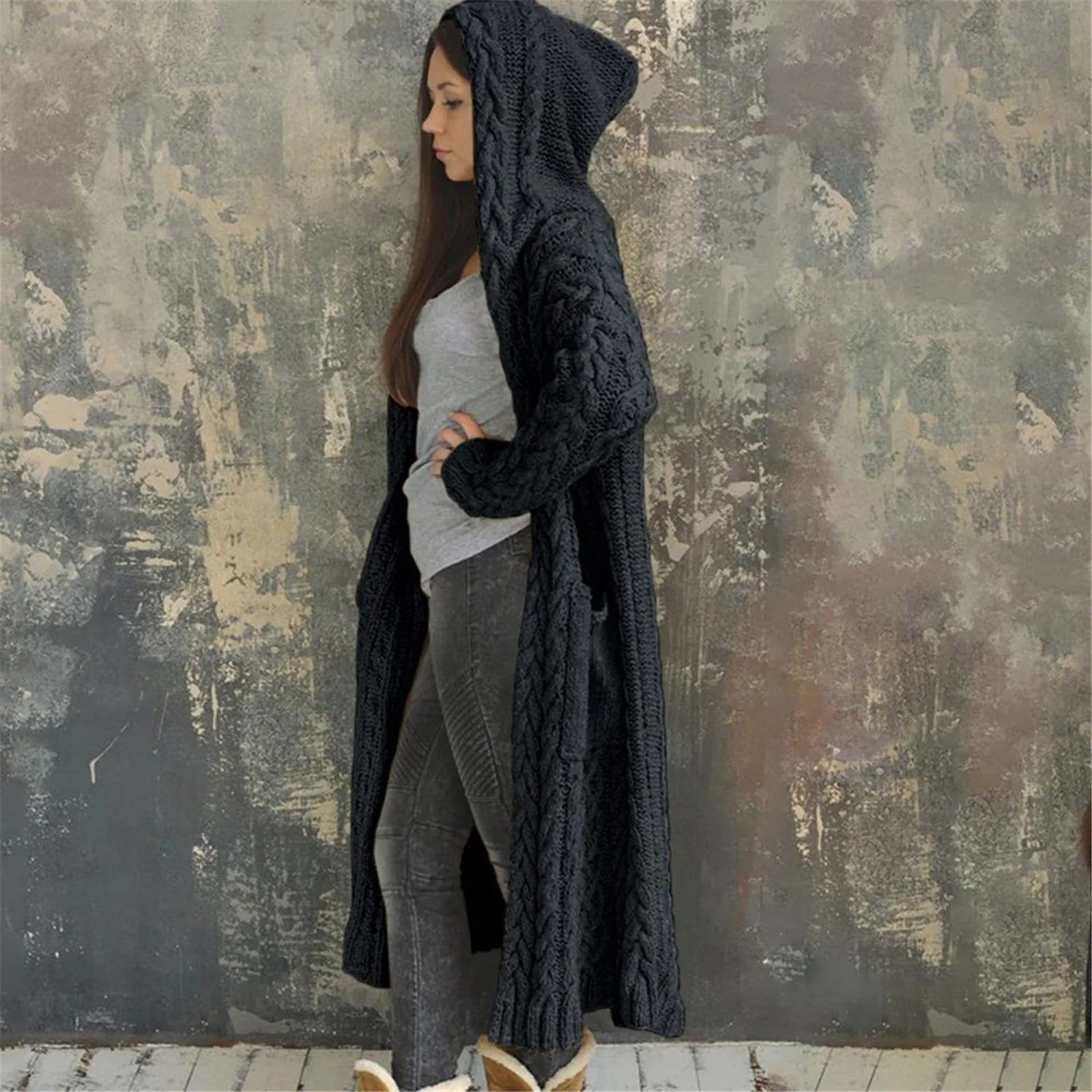 Hooded Long Cable Cardigan
