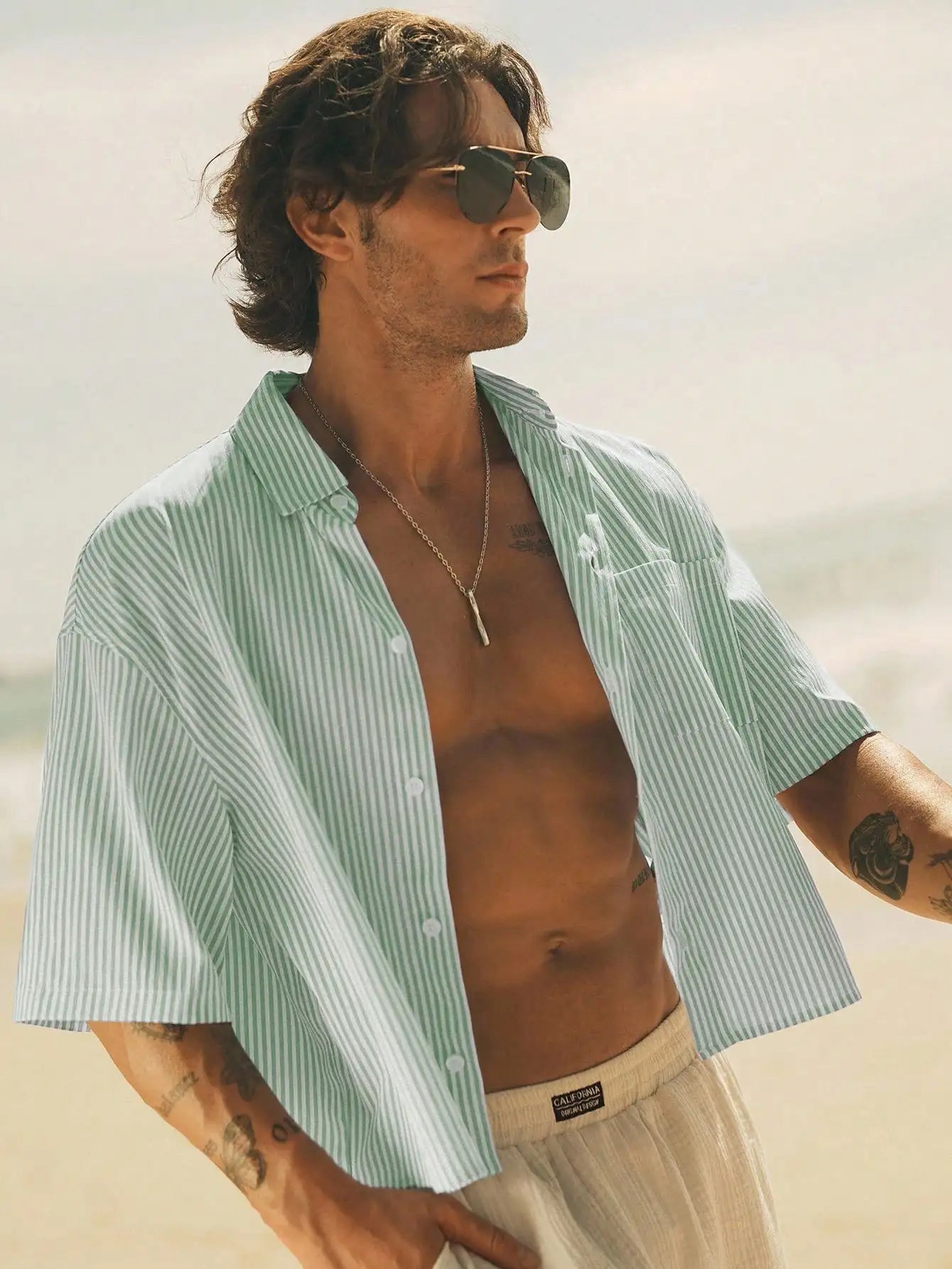 Men Blue White Striped Camp Collar Shirt