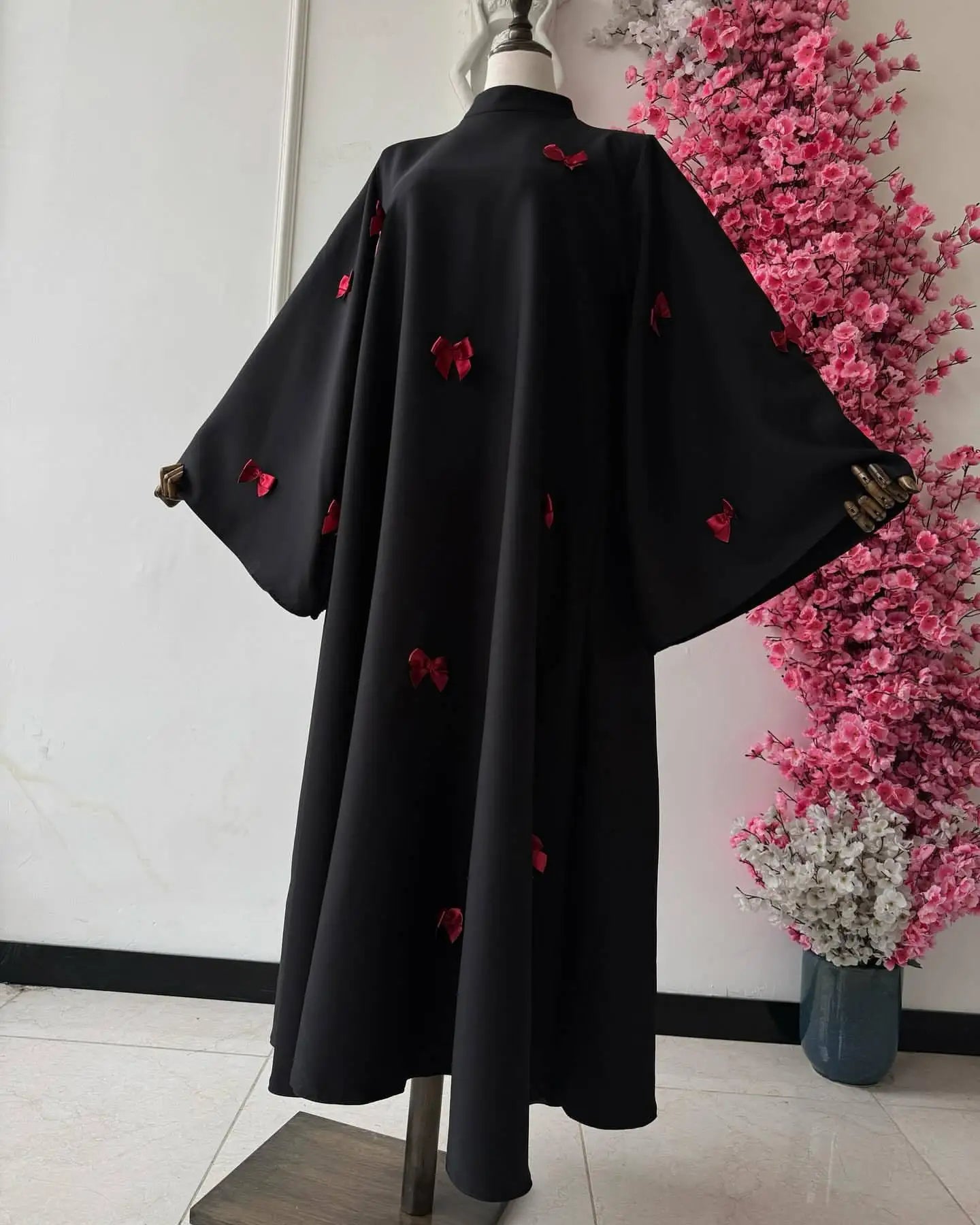 Women Bow Abaya Long Dress Ramadan Kaftan Moroccan Robe