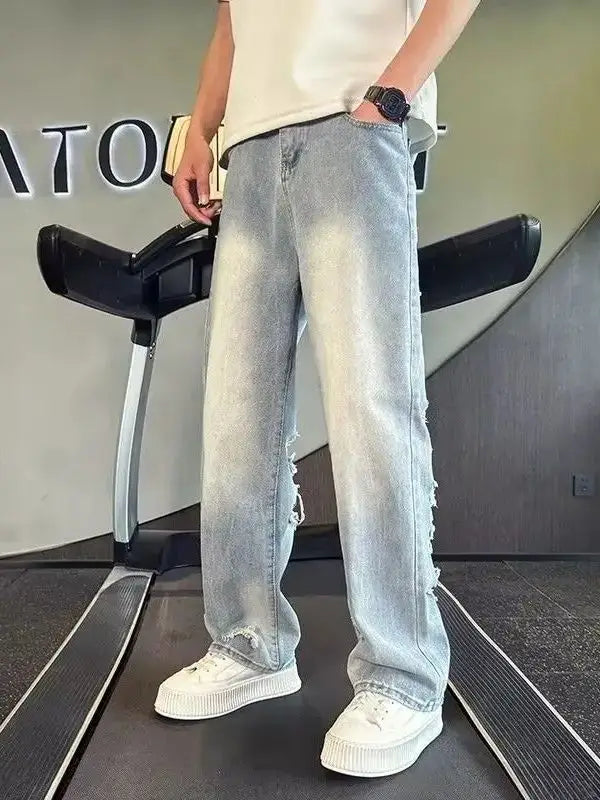 Men's ripped wide leg jeans