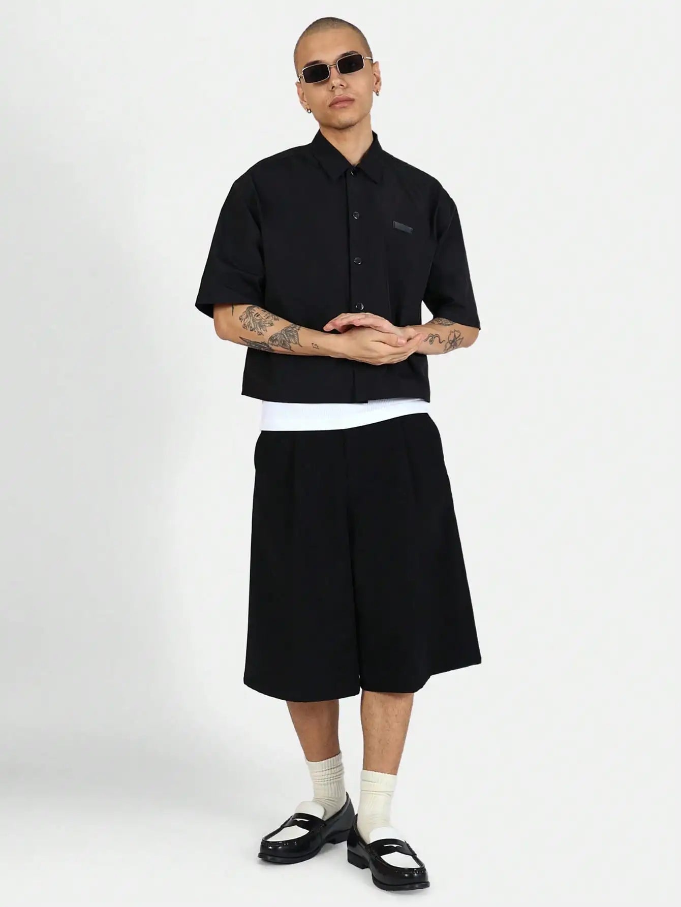 Men Black Button Down Crop shirt