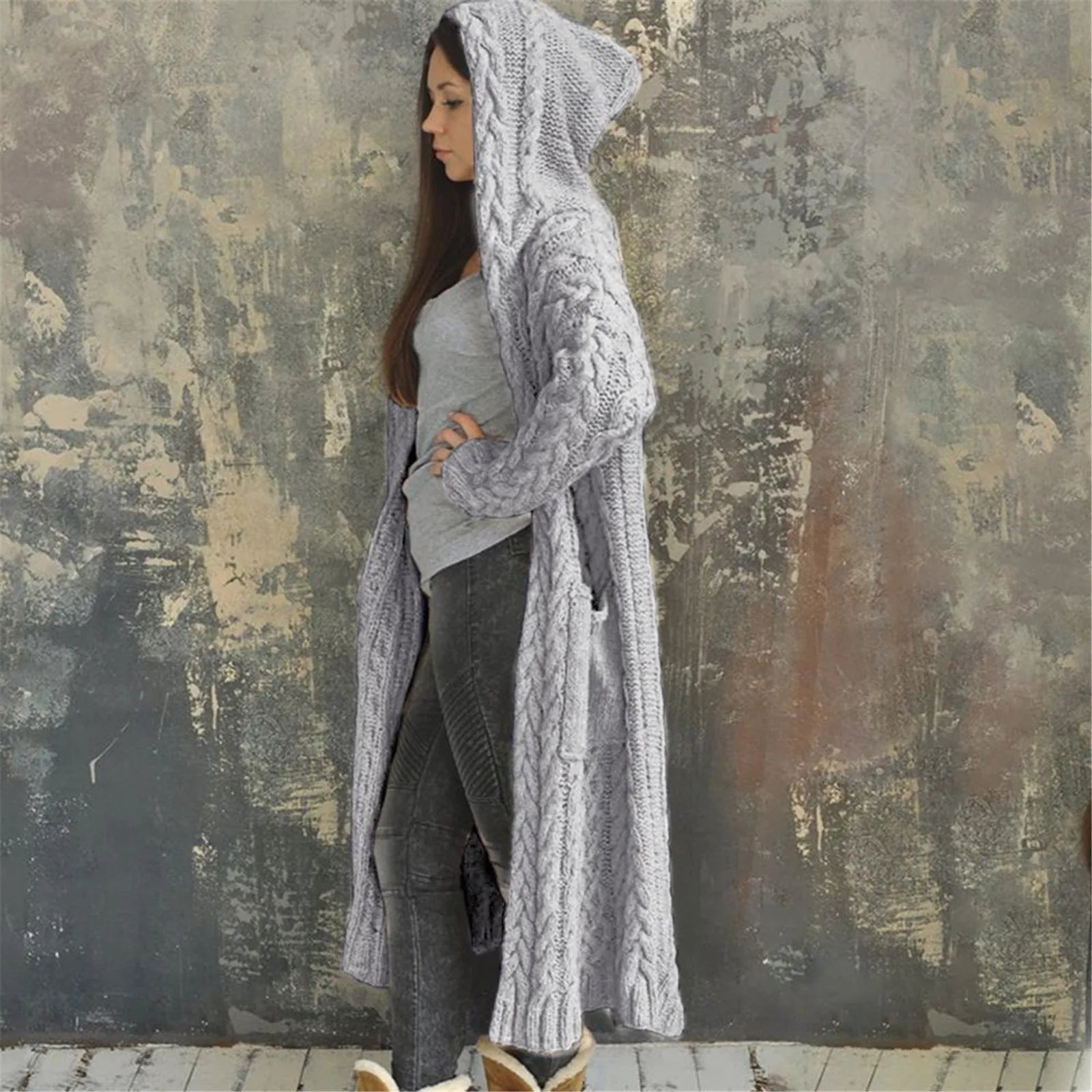 Hooded Long Cable Cardigan