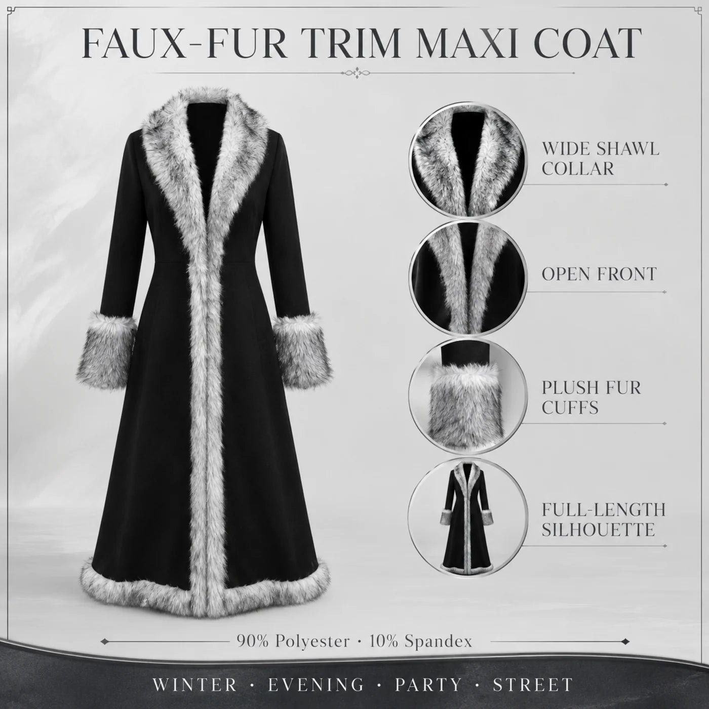 Women’s Black Faux Fur Trim Maxi Coat