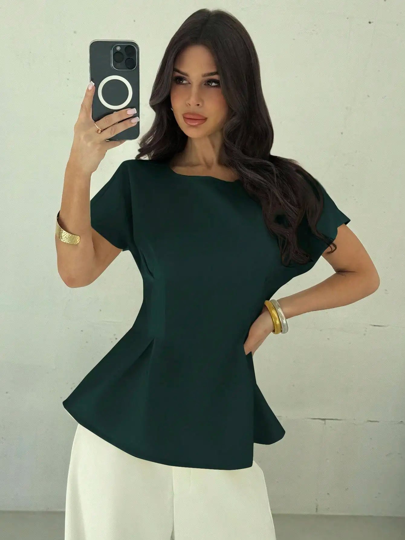 Women Minimalist Black Peplum Blouse