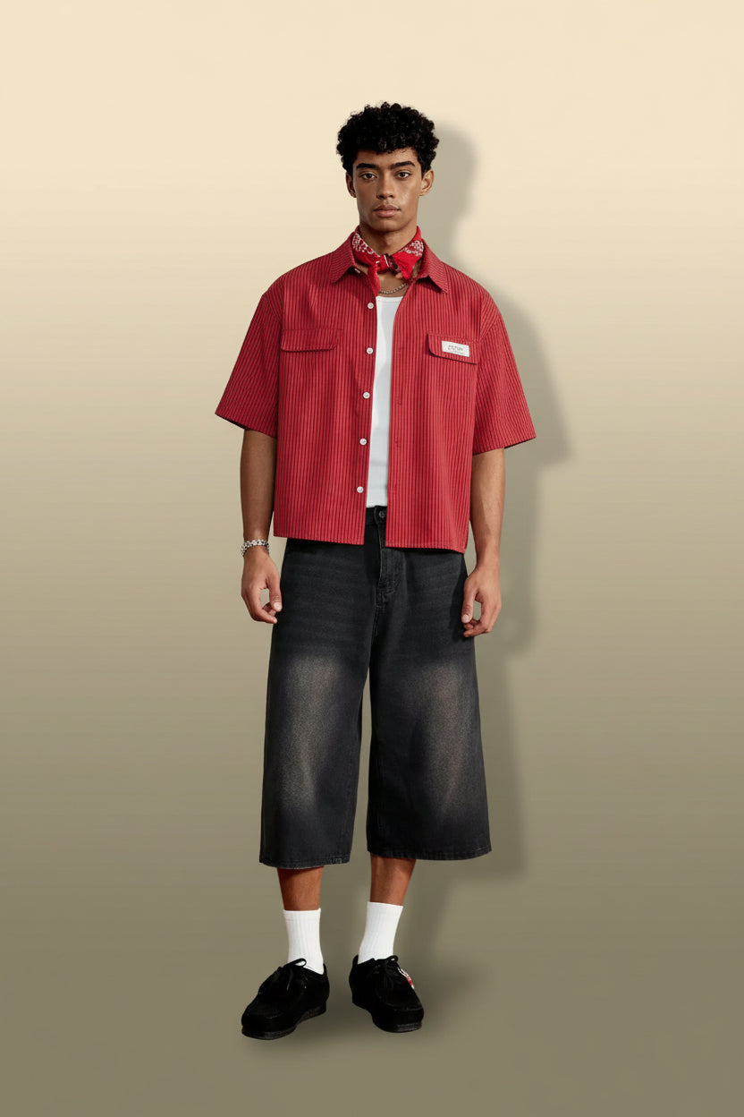 Men's Red Striped Cropped Button Up Shirt