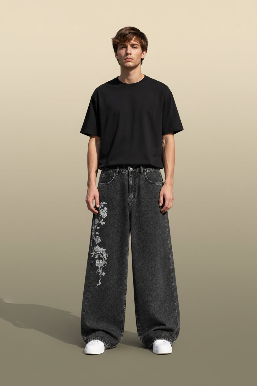 Men’s Y2K Rose Embroidery Wide Leg Jeans