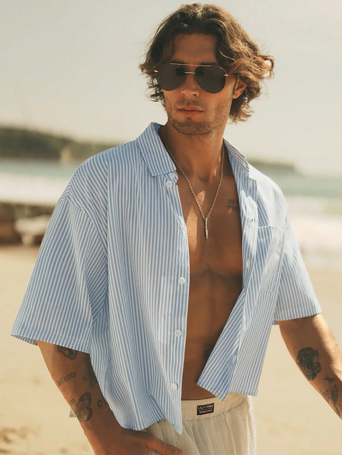 Men Blue White Striped Camp Collar Shirt