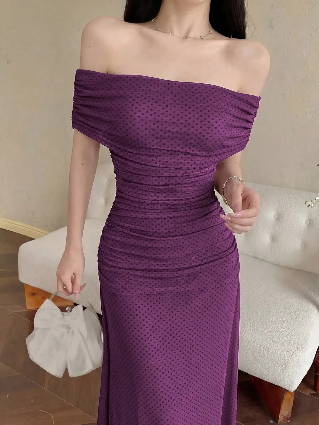Off Shoulder Ruched Waist Maxi Dress
