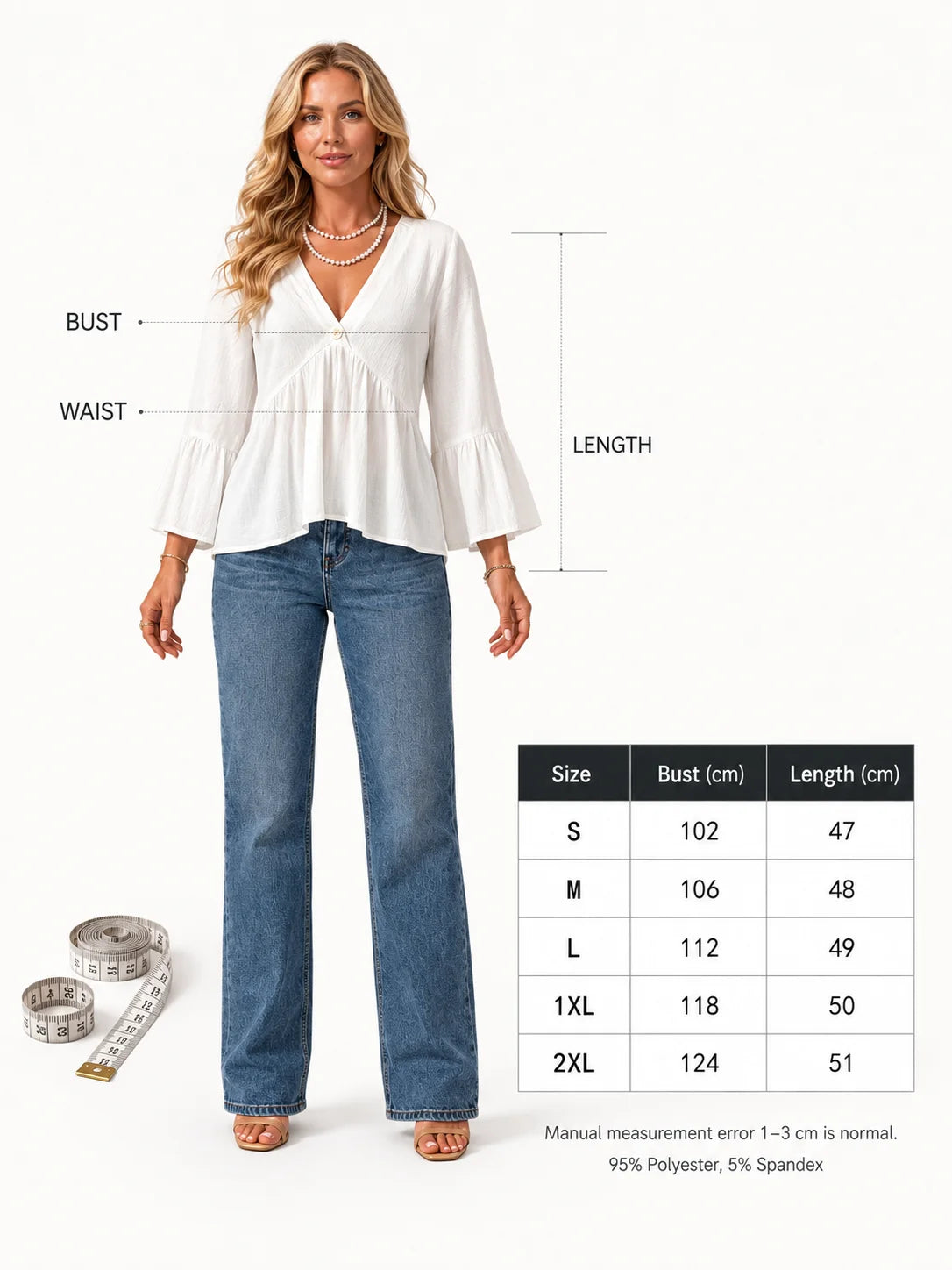 Women’s V-Neck Bell Sleeve Loose Fit Blouse