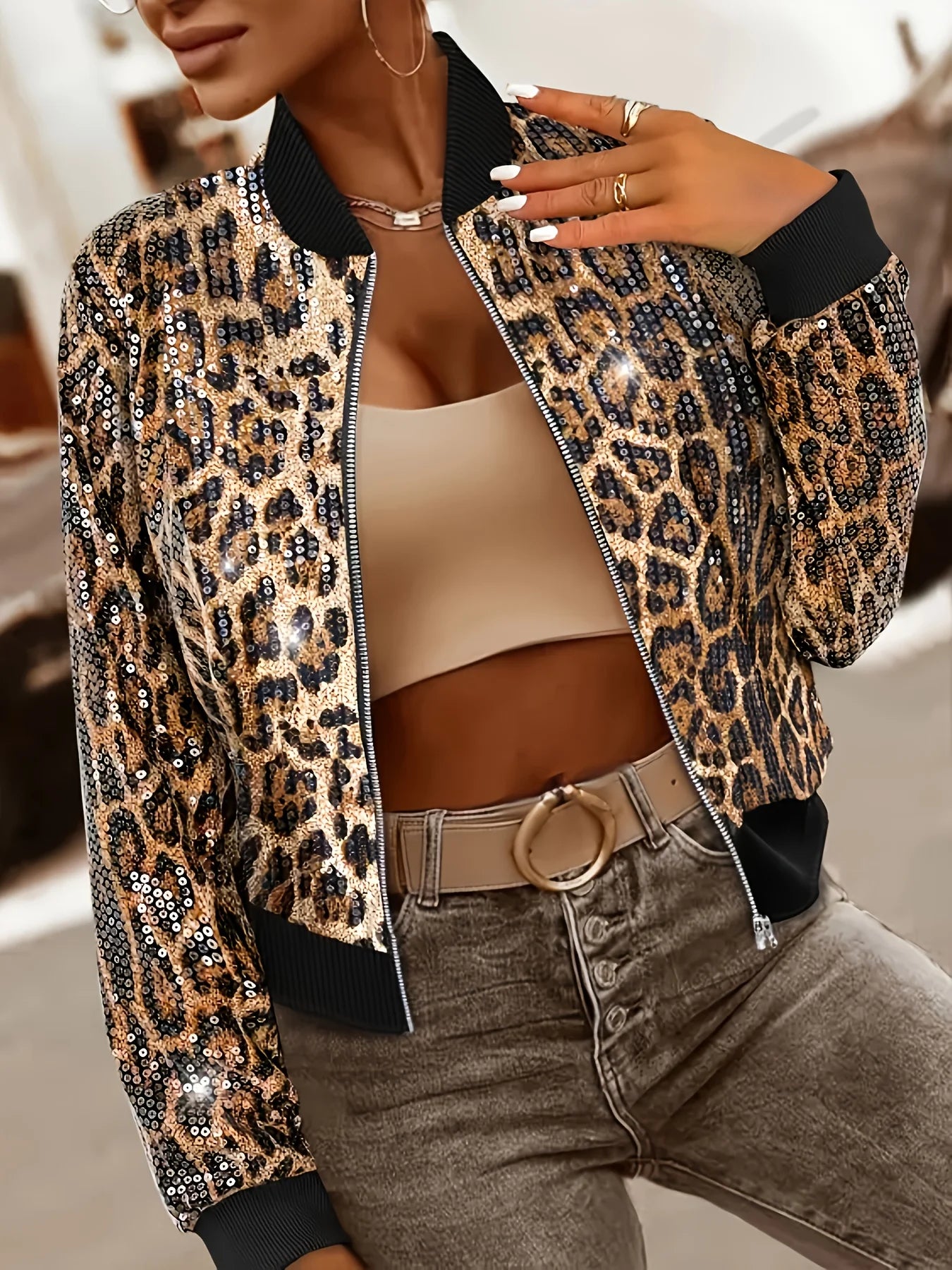 Leopard Sequin Bomber