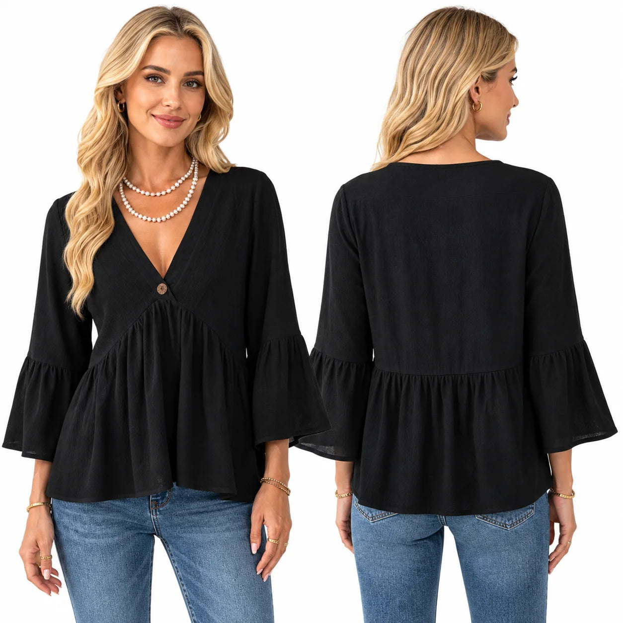 Women’s V-Neck Bell Sleeve Loose Fit Blouse
